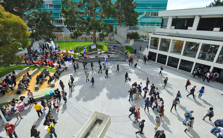 Areal view of campus with students walking around